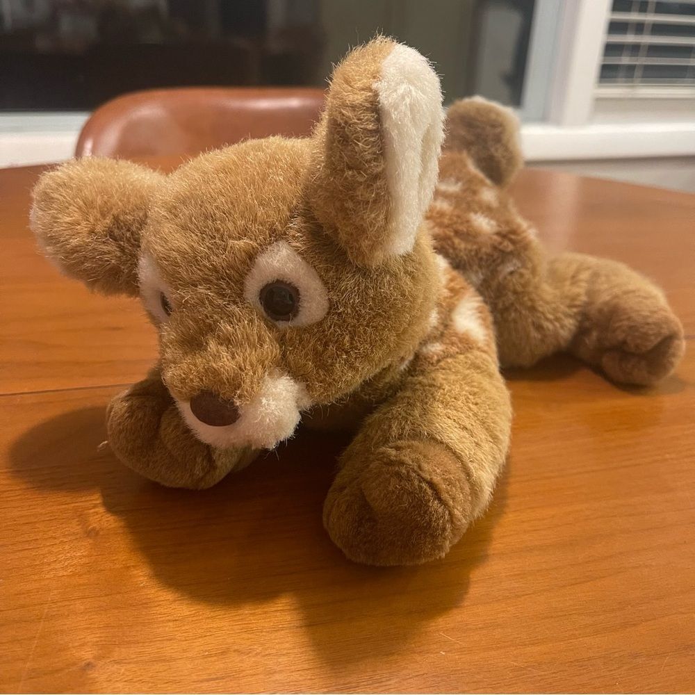 Vintage A&A Stuffed Animal Plush Holiday Deer Fawn Laying Brown White Spot Bow